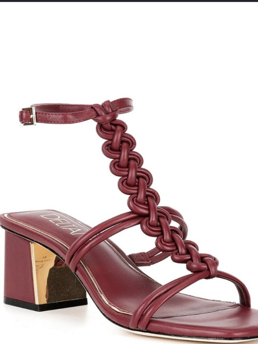 Deltan Alanna Leather Woven Strap Block Heel Dress Sandals – Bordeaux Burgundy –
